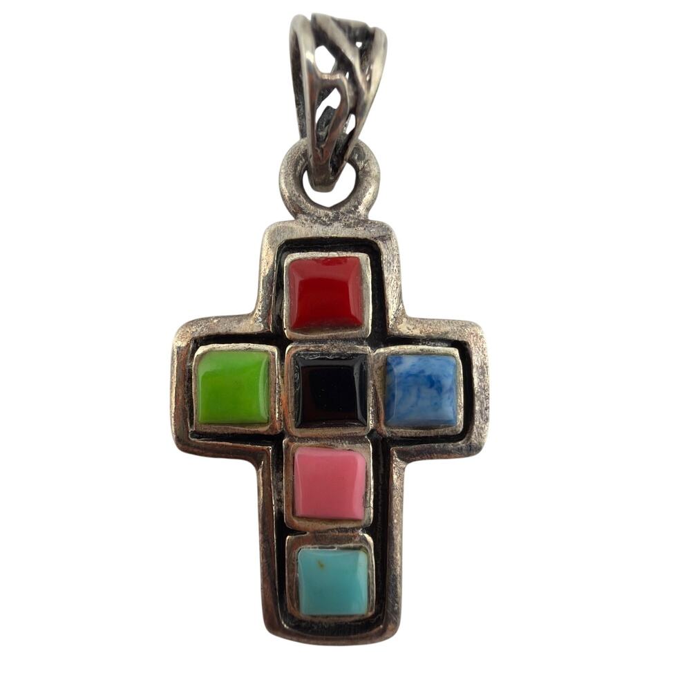 Vintage HS Hallmarked Multi Stone Inlay Sterling Silver Cross